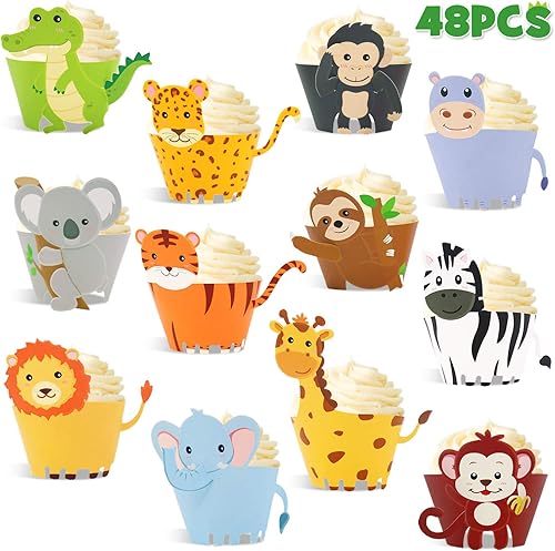 48 envoltorios para cupcakes de animales de safari de la selva, decoraciones de tartas salvajes, envoltorios de pasteles salvajes de la selva para