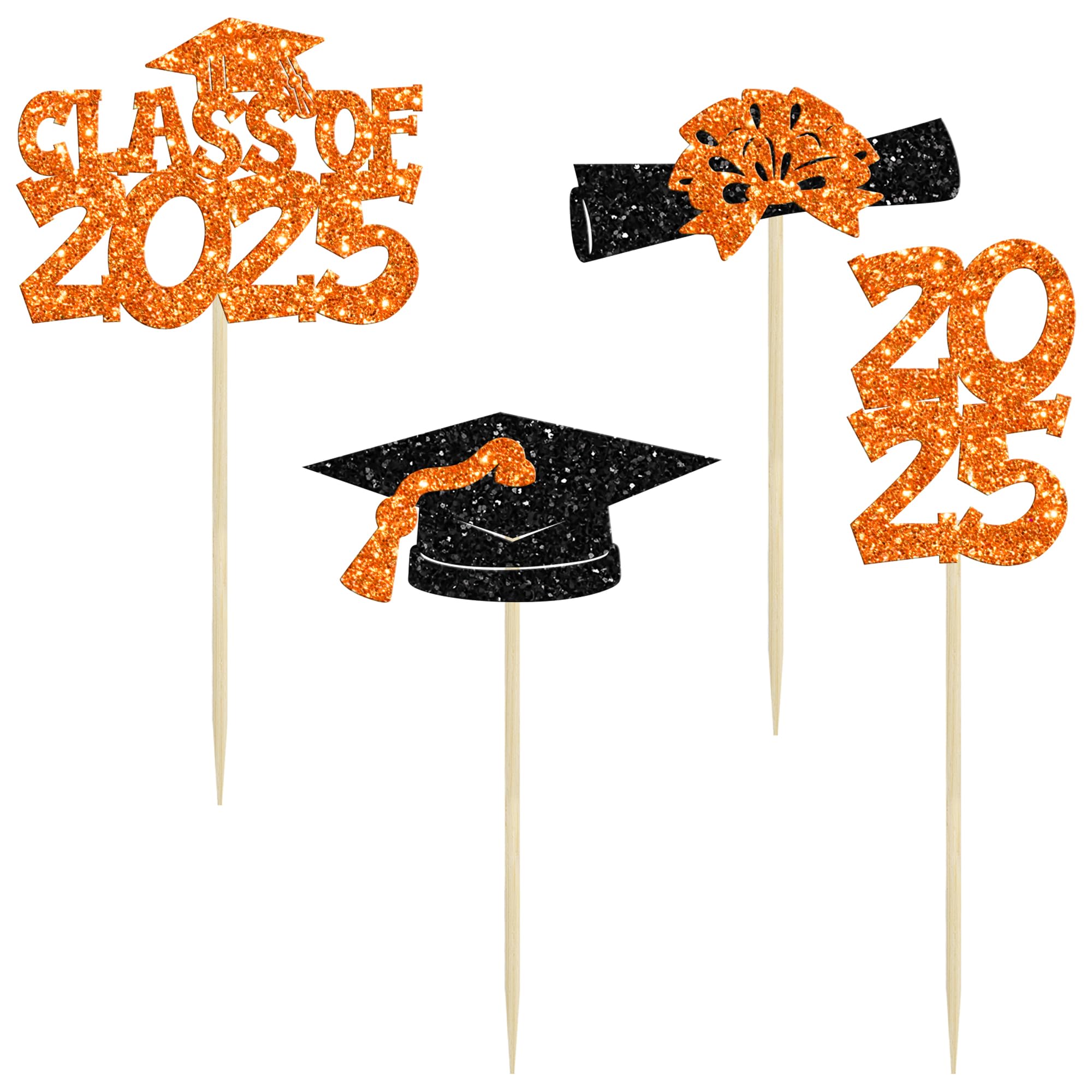 Ephlyn 36Pcs 2026 Graduation Theme Cupcake Toppers Glitter Class of 2026 Congrats Grad Diploma Graduation Cap Cupcake Picks for 2026 Graduation Theme Party Cake Decorations Supplies Orange - Image 3