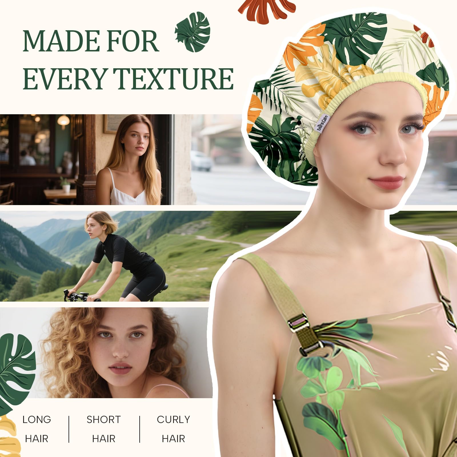 Years calm - Lot de bonnets de douche pour femmes réutilisables et imperméables – Bonnet élastique à double couche avec impression botanique tropicale pour la douche, le spa, les voyages, le bain et