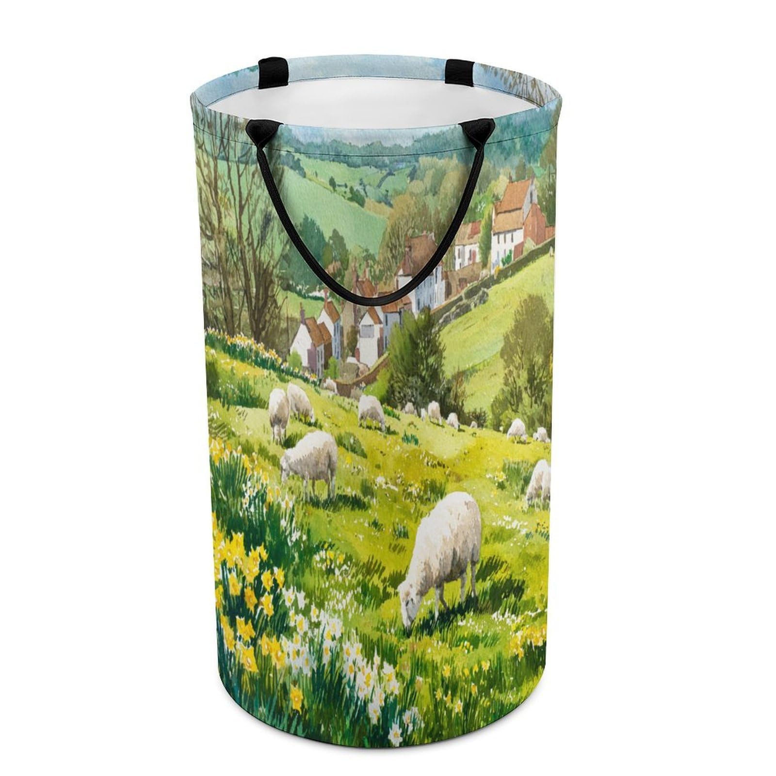 LUYYSKY Vintage Classic Animals Sheep Versatile Storage Laundry Basket, Rustic Colorful Spring Farmhouse Daisies Flowers Alpaca Large Capacity Bathroom Hamper With Handle