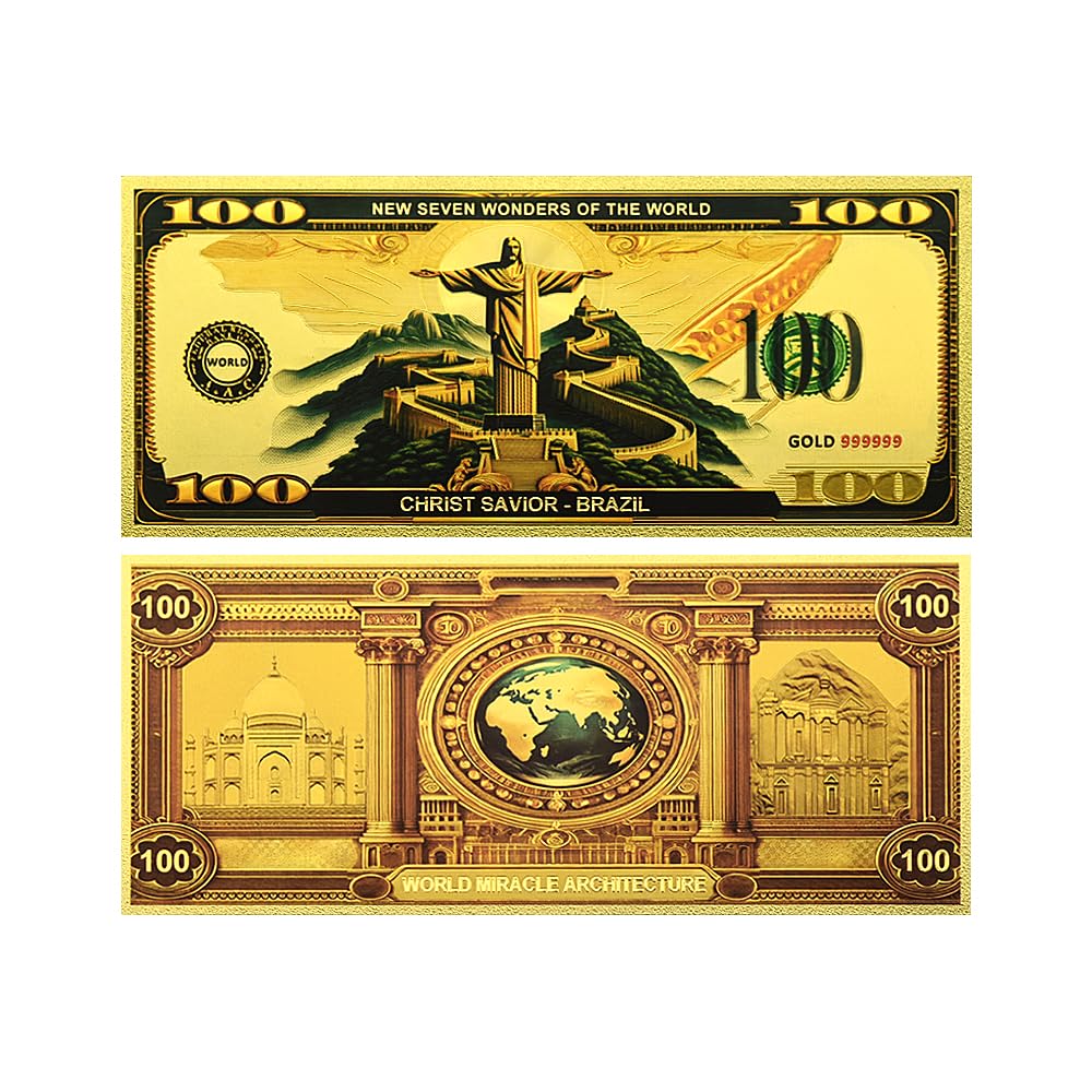 Mercollection 7pc/Set Seven Wonders of The World Gold Foil Banknote Pyramid,Christ Like, Taj Mahal,Great Wall, 100 Dollar Plastic Money Gift