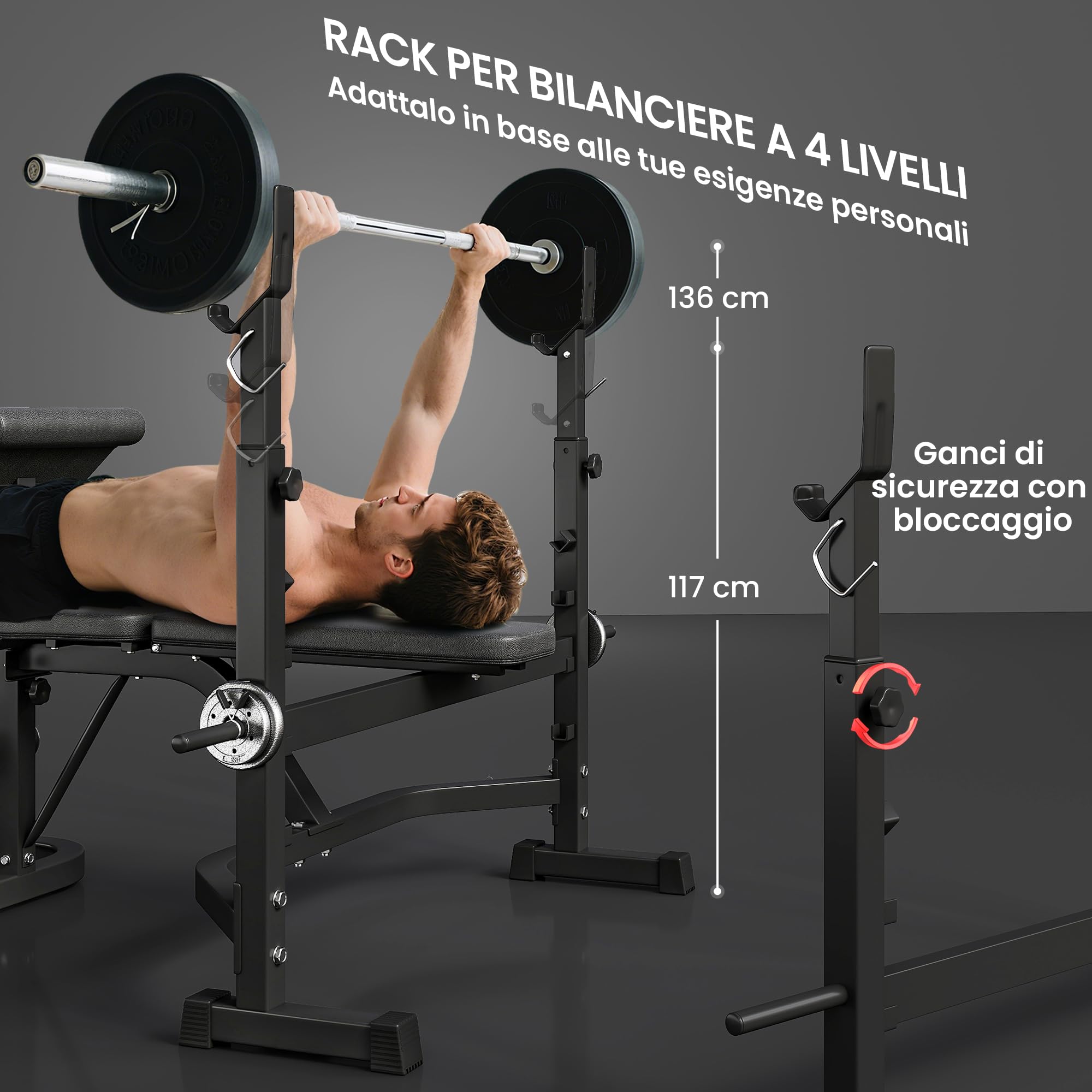 HOMCOM Panca Palestra Multifunzione Regolabile con Rack Bilanciere, Pad per Gomiti e Schienale, Panca Pesi Inclinabile Piana con Leg Extension, Low Row, Arm Curl, Addominali, Allenamento Palestra Casa