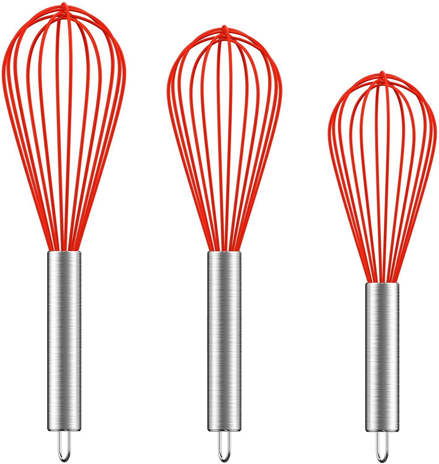 DELFINO Silicone Whisk Set 8"+10"+12", (Upgraded) Wire Whisk Kitchen Wisk Whisks for Cooking, Blending, Whisking, Beating, Stirring, Red