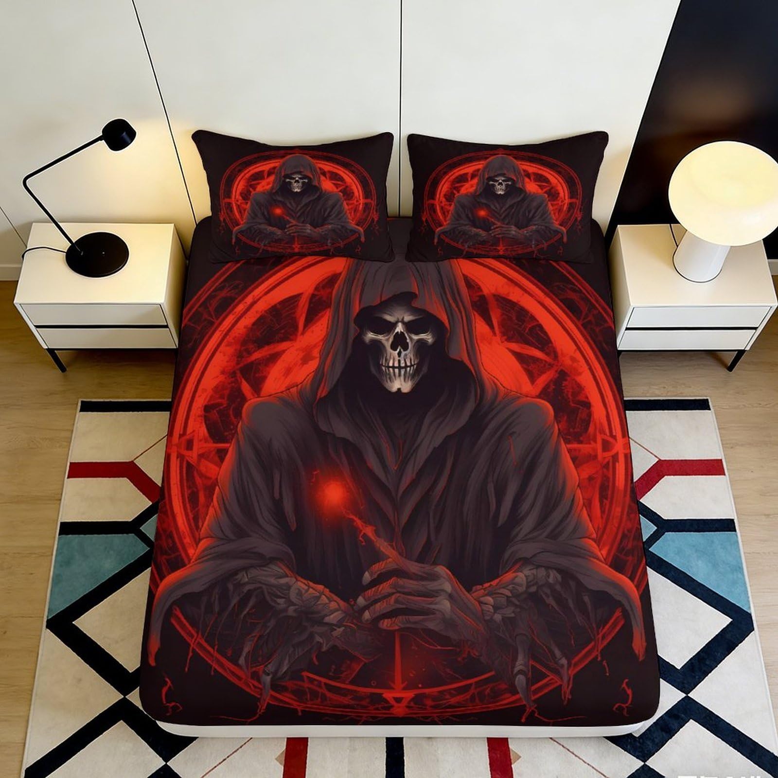 3D Printed gothic skull Fitted Sheet, red black design, Microfiber soft touch, bedroom decor, guest room bedding, wrinkle resistant, anti-slip 90x200x25cm