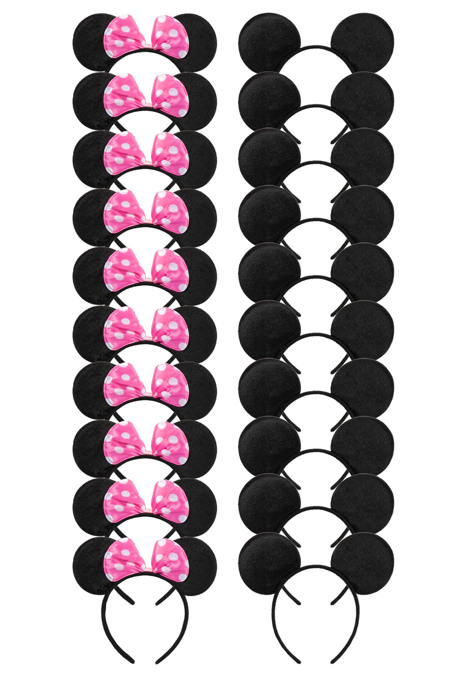 20 pcs Mouse Ears Headband Solid Black Ears & Pink Bow with Polka Dots, Hair Accessories for Boys & Girls Birthday Party