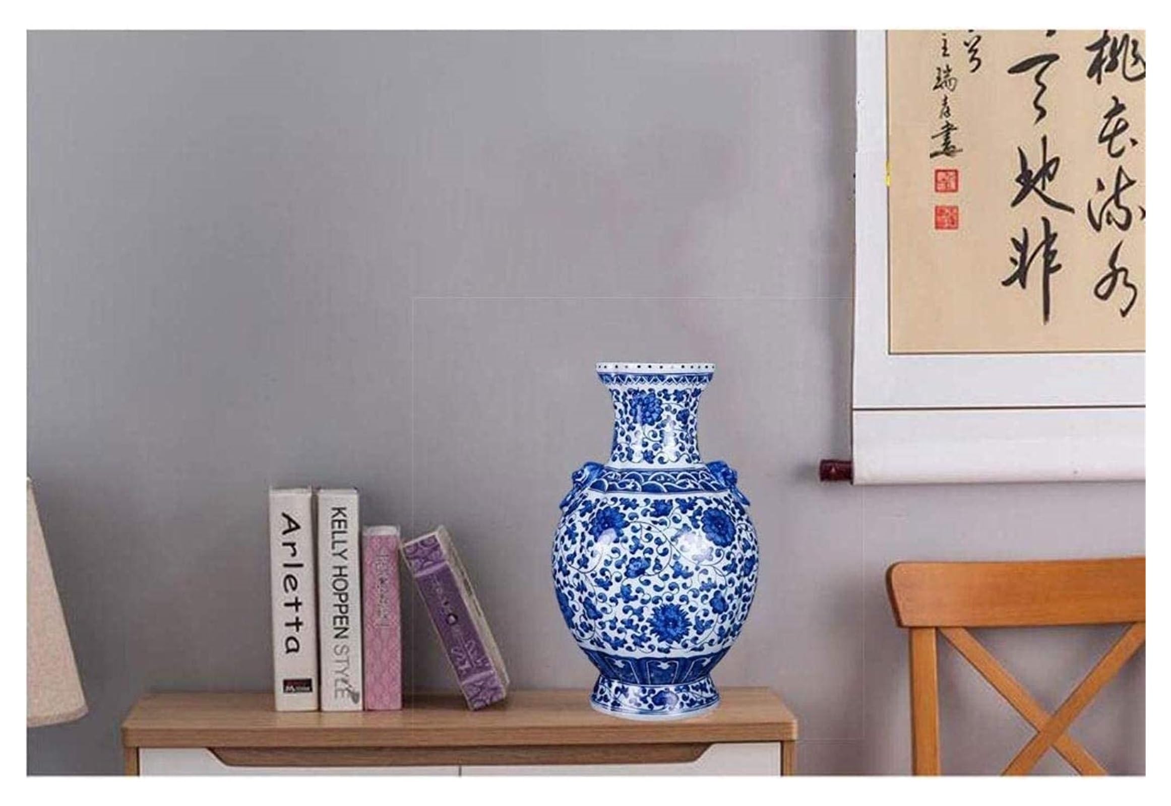 Vasen Vase aus Keramik, handgefertigt, Doppel-Löwenohr, Flasche, blaues und weißes Muster, Schlafzimmer, Büro-Accessoires