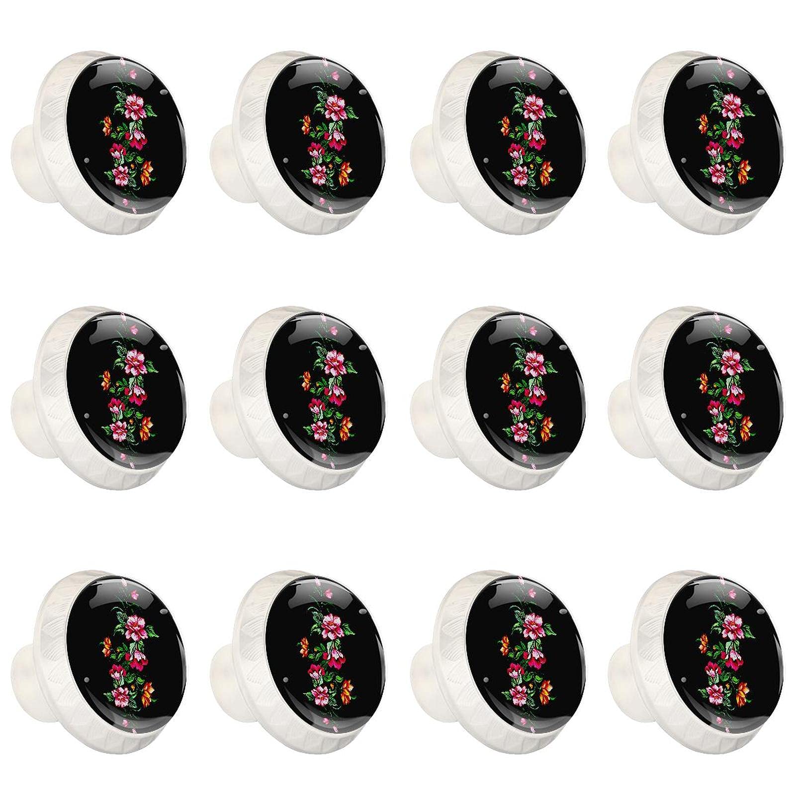 Boutons d'armoires de cuisine floraux noirs boutons décoratifs ronds en lot de 12 pièces