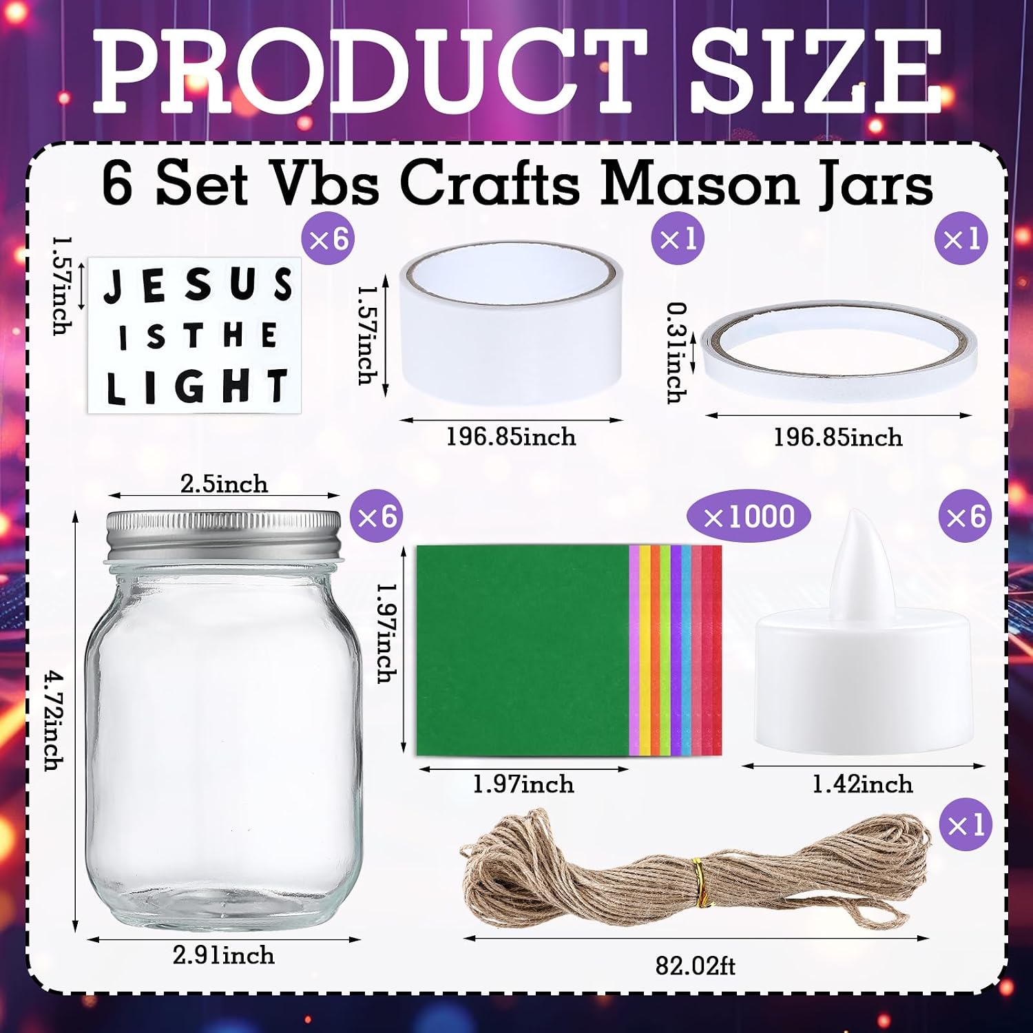 Domensi 6 Set 2026 VBS Crafts Mason Jars Kit with Jesus Is The Light Stickers LED Candles Light Tissue Paper Twine for Sunday School Activities Christian DIY Projects Religious Decoration