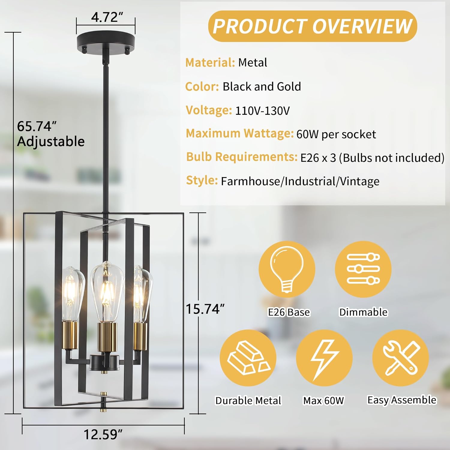 Black Gold Modern Chandeliers for Dining Room, Farmhouse 3 Light Entryway Pendant Light Adjustable Geometric Industrial Rustic Foyer Hanging Chandelier for Kitchen Island Living Room Hallway