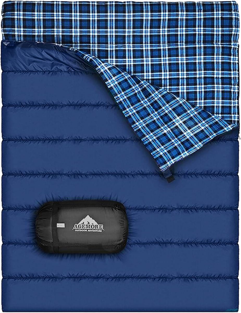 Saco de dormir doble de franela de algodón, saco de dormir para acampar para 2 personas | Tamaño Queen para adultos, parejas, familias, acampadas, mochileros, senderismo o viajes en vehículos recreativos, ligero e impermeable, uso en 3-4 estaciones