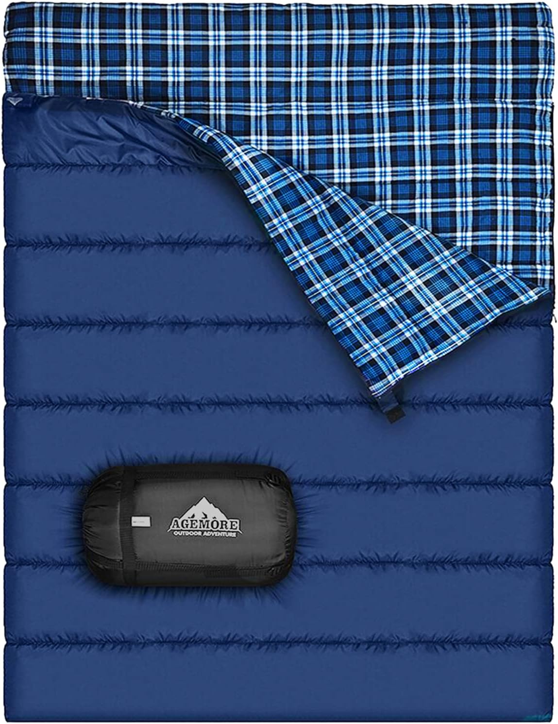 Cotton Flannel Double Sleeping Bag for Camping, Backpacking Or Hiking. Queen Size 2 Person Waterproof Sleeping Bag for Adults Or Teens. Lightweight with Compression Sack