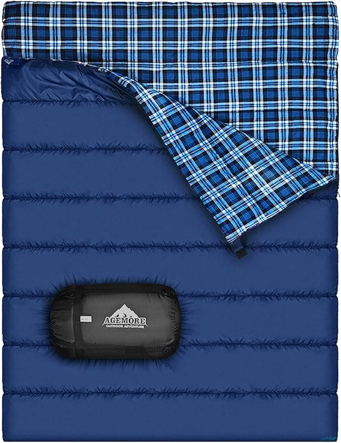 Cotton Flannel Double Sleeping Bag for Camping, Backpacking Or Hiking. Queen Size 2 Person Waterproof Sleeping Bag for Adults Or Teens. Lightweight with Compression Sack