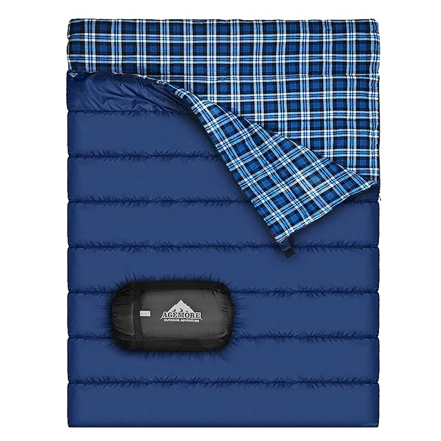 AGEMORE Cotton Flannel Double Sleeping Bag for Camping Backpacking Or Hiking Queen Size 2 Person Waterproof Sleeping Bag