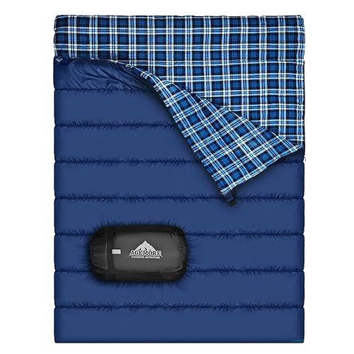 AGEMORE Cotton Flannel Double Sleeping Bag, 2 Person Camping Sleeping Bag | Queen Size for Adults Couples Family Camping Backpacking Hiking or Rv Traveling, Lightweight and Waterproof, 3-4 Season Use