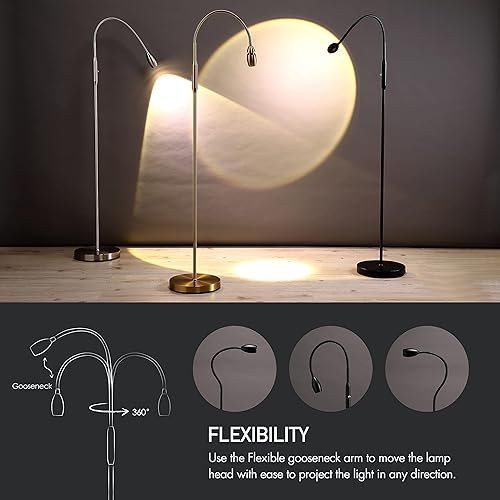 Miniatura 5 de O’Bright Ray – Lámpara de pie ajustable con haz LED, foco regulable y zoom, cuello de ganso flexible, lámpara de pie para lectura/manualidades, luz