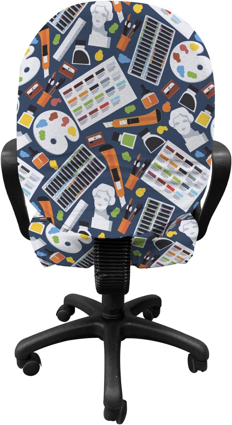 Ambesonne Colorful Office Chair Slipcover, Artist Supplies and Gypsum Head Palette Brushes Sculptures Paintbrush Pattern, Protective Stretch Decorative Fabric Cover, Standard Size, Grey Blue