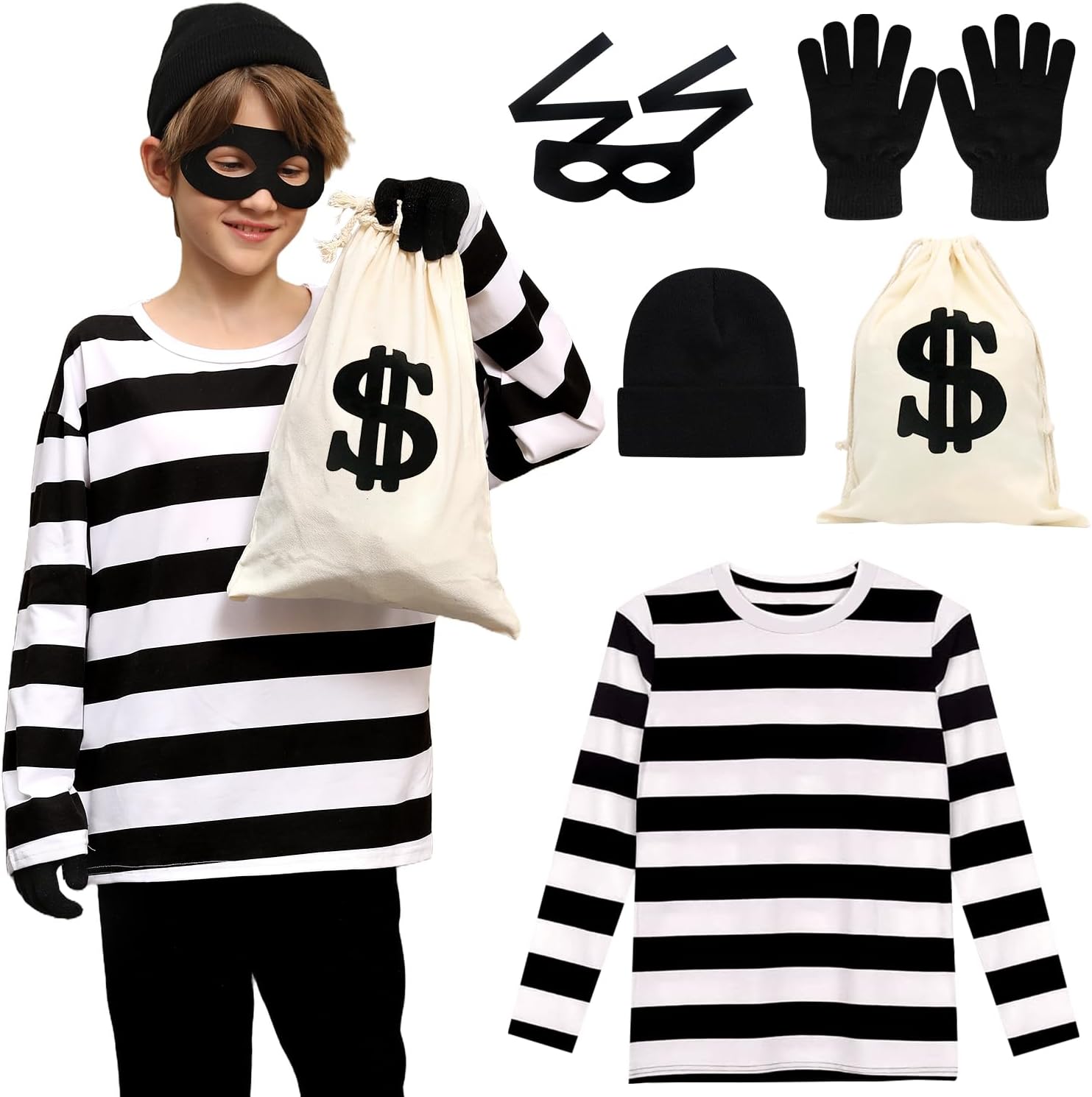 5 PCS Halloween Kids Bank Robber Costume Set, Include Black and White Striped Shirt for Burglar Thief Cosplay 10-12 Years