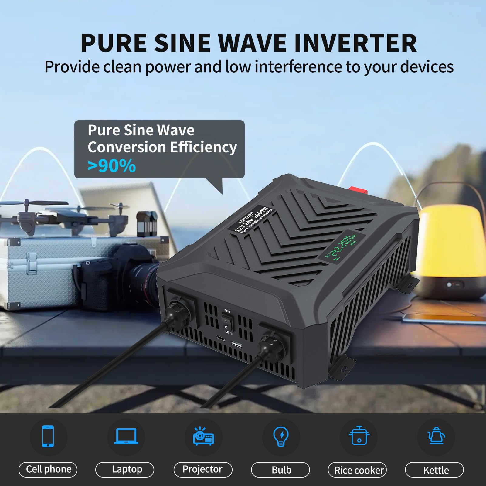 Convertisseur Dual-Voltage 12V/24V vers 220V à Pur Sinus 2000W, Détection Automatique de Tension, Transformateur Puissance Crête 4000W, 2 Prises Européennes, USB-C et USB-A écran LCD