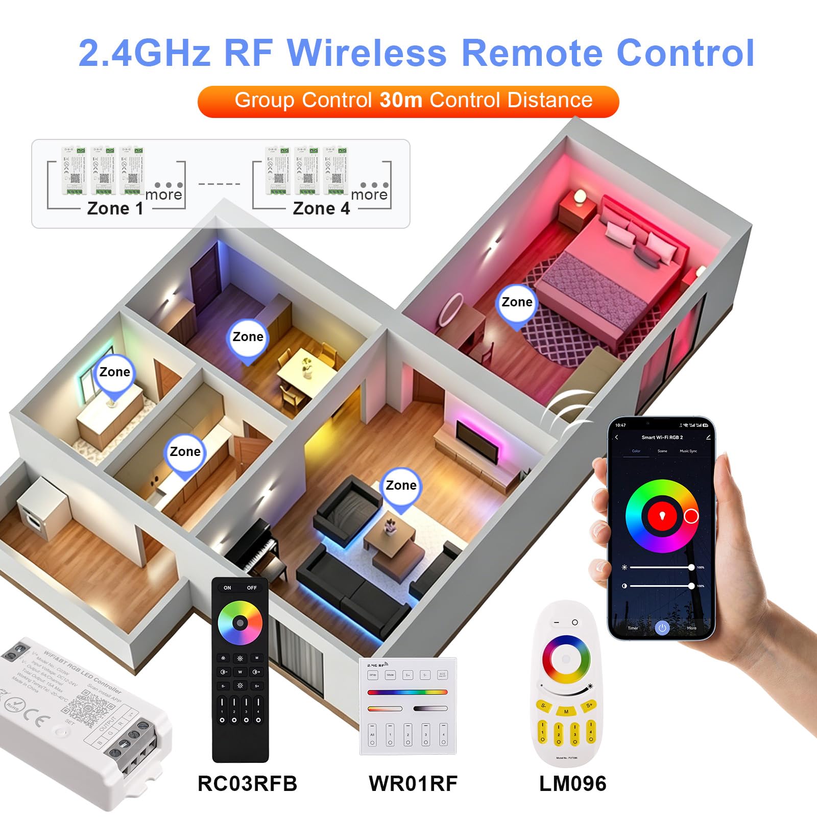 RGBW SMD FCOB Tira LED de 5 pines 2.4 GHz WiFi Group Controller Alexa Google Home Smartphone APP Control Compatible con WR01RF LM096 FUT095 FUT096 B3 T3 Mi-Boxer/Mi-Light RGBW Remote