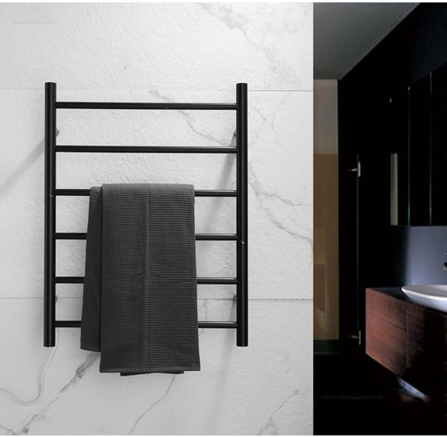 Electric Heated Towel Warmer 6 Bars, Hot Towel Racks Wall Mounted with Metal Switch, Towel Drying Racks 304 Stainless Steel with Intelligent Thermostatic Control,Black,Hardwired