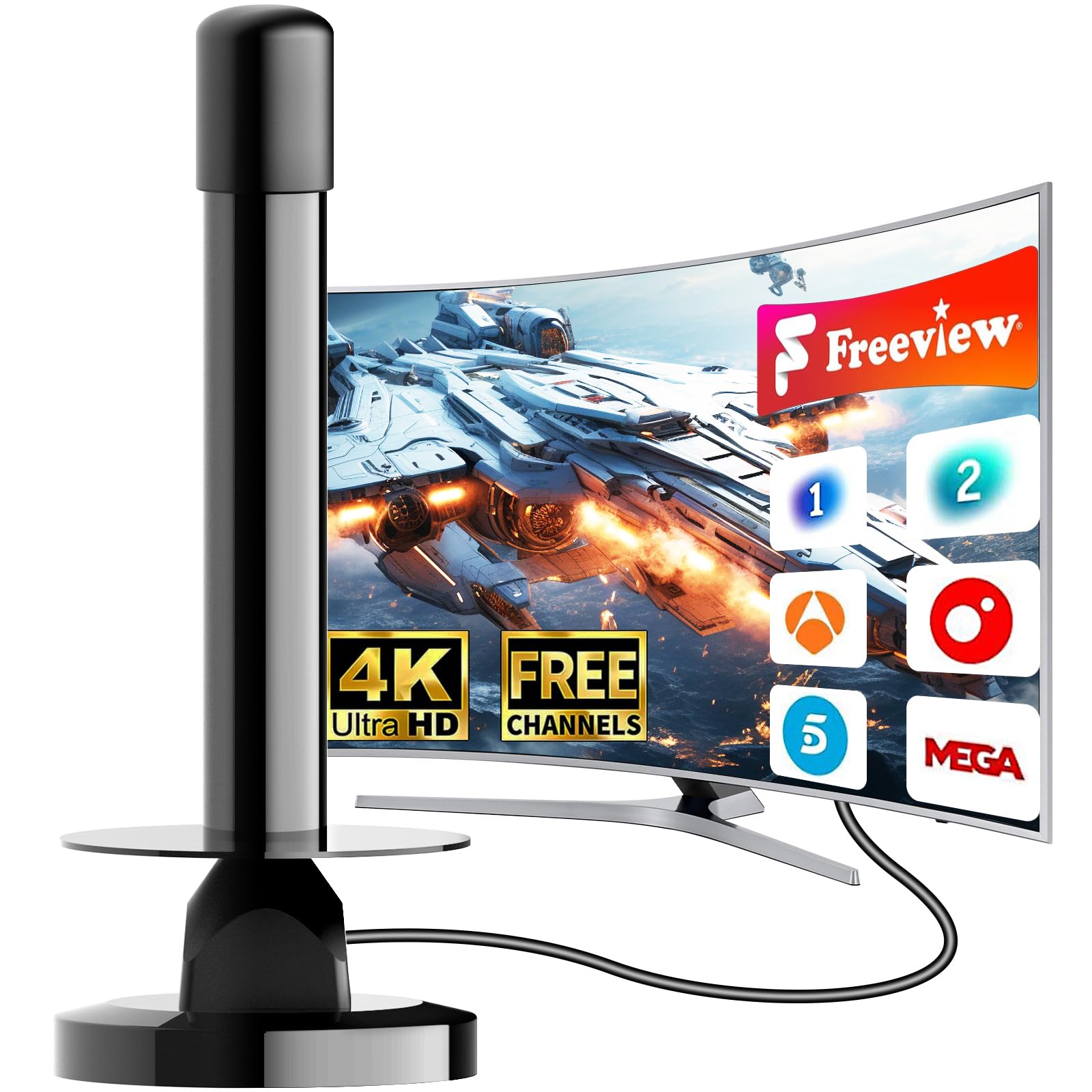 Antena TV Interior Potente, Antena TV Interior HD, Amplificador Ajustable, Recepción 360° de Largo Alcance, Base Magnética, Compatible 4K/1080p VHF/UHF DVB-T/T2