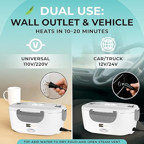 Miniatura 11 de FORABEST - Lonchera eléctrica 2 en 1, calentador de alimentos portátil para automóvil y hogar, a prueba de fugas, 2 contenedores extraíbles, tenedor