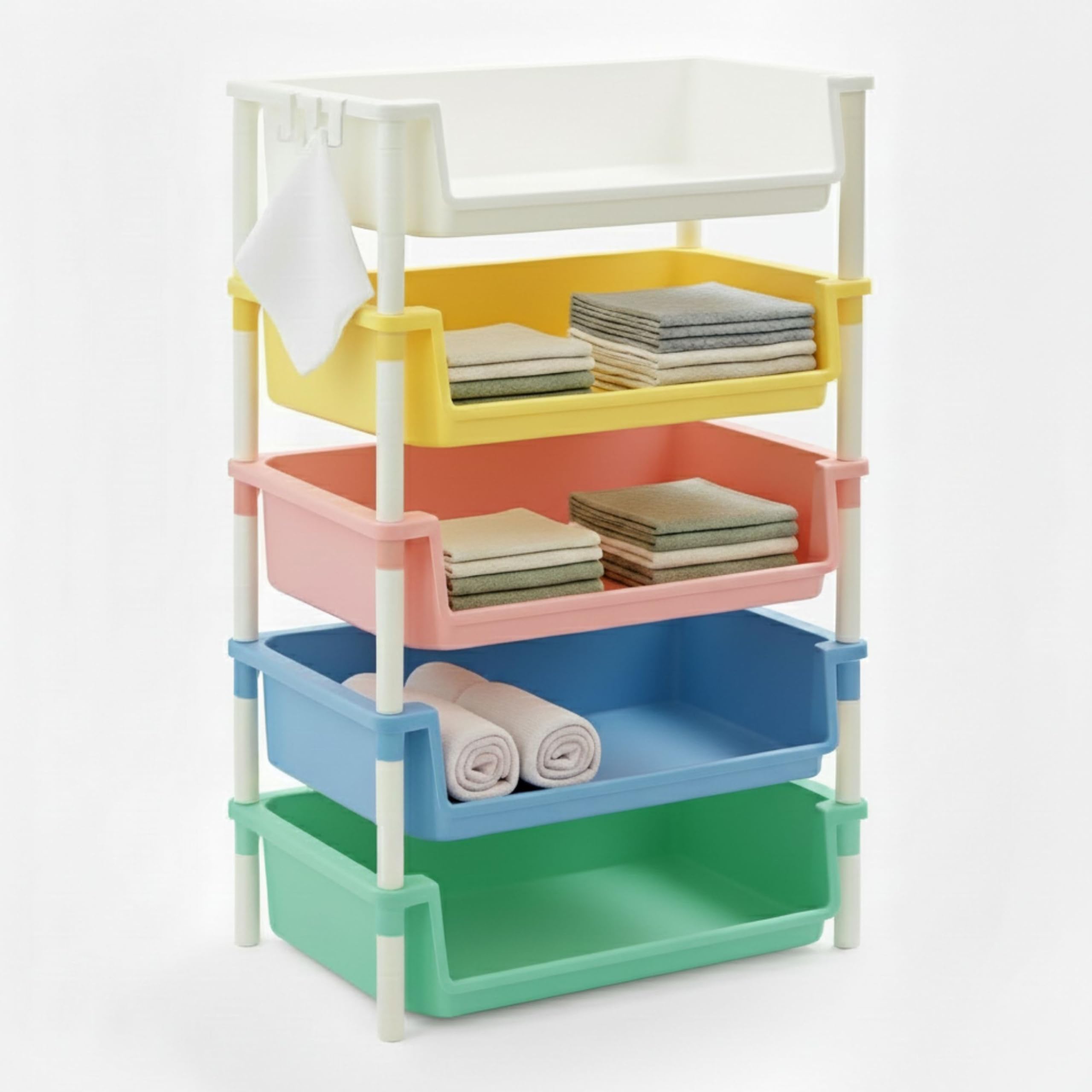 ABBAware 5-Tier Pastel Colour Wardrobe Organizer | Storage Shelf for Clothes, Diapers, Towels | Storage Tower Easy-Access Open Trays with Hooks