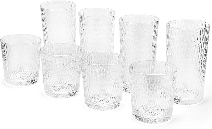 KOXIN-KARLU Mixed Drinkware 15-ounce and 22-ounce Plastic Tumbler Acrylic Glasses with Hammered Design, set of 8 Clear