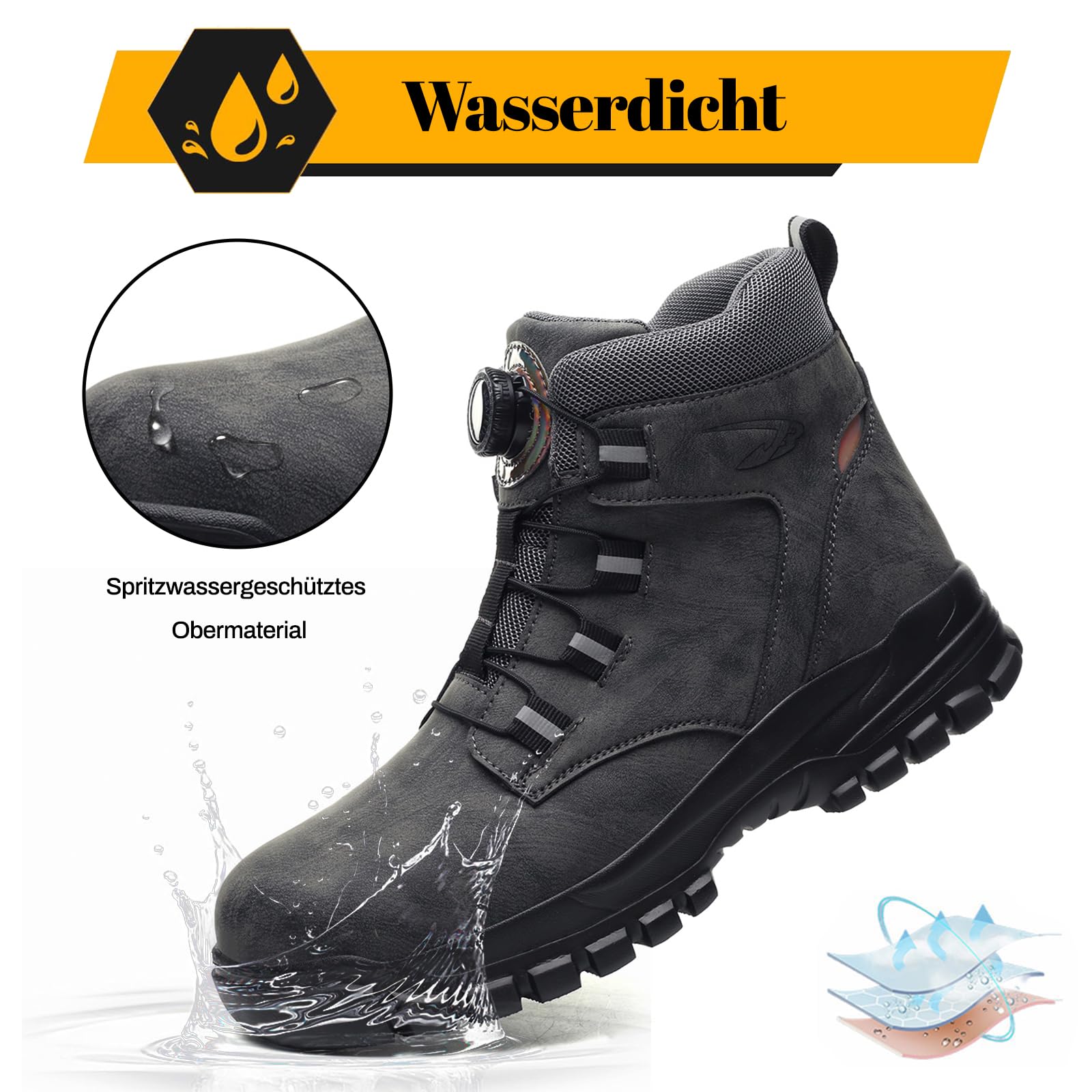 Buty ochronne Mężczyźni Kobiety Wodoodporne Wysokie Lekkie buty robocze ze stalowymi noskami antypoślizgowe buty robocze, Szary, 44 EU