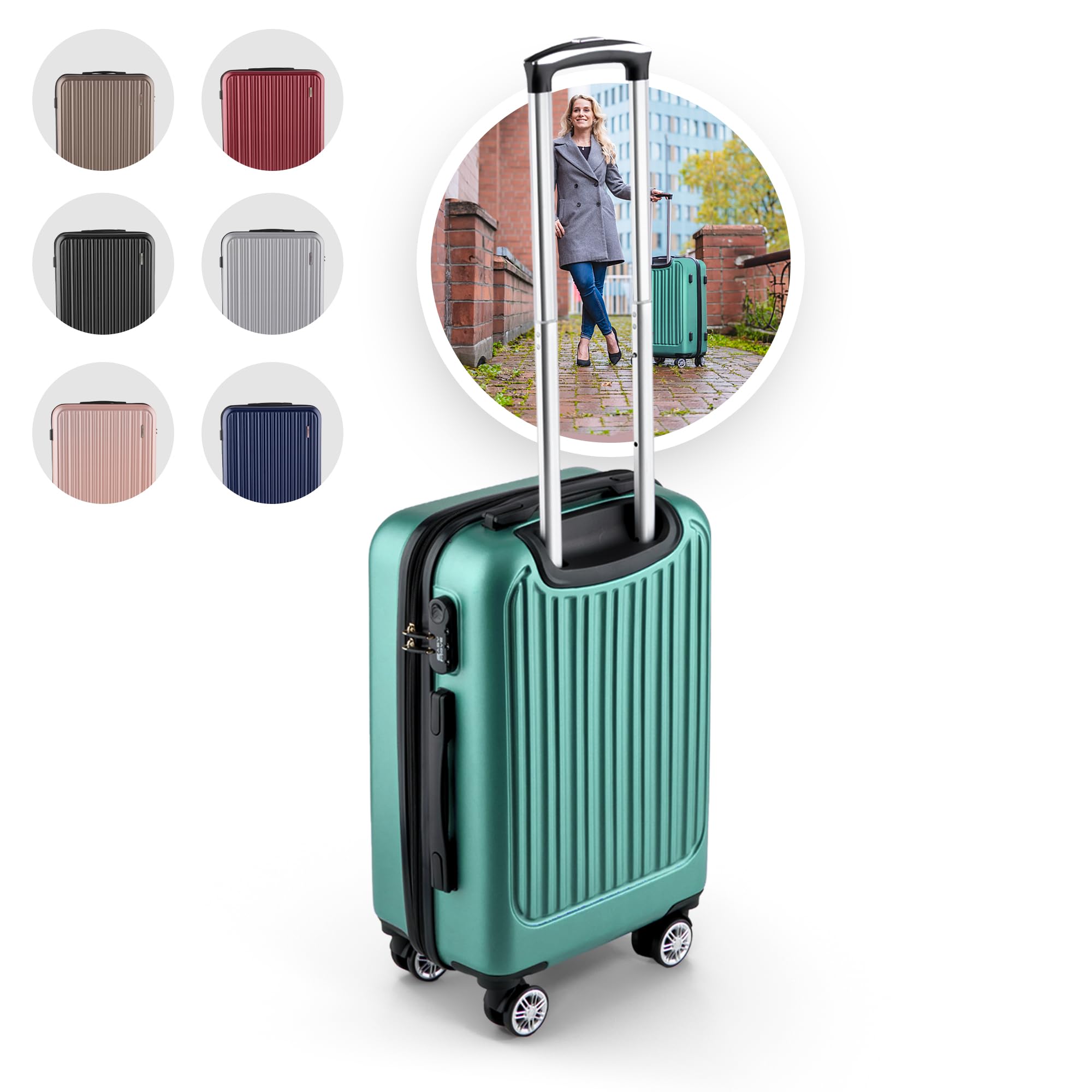 ABS Hartschalenkoffer - Ergonomisch & Sicher - Kleiner Trolley Koffer mit 360° Rädern, Zahlen Schloss - Rollkoffer, Reisekoffer Klein (Silver Green, 54cm)