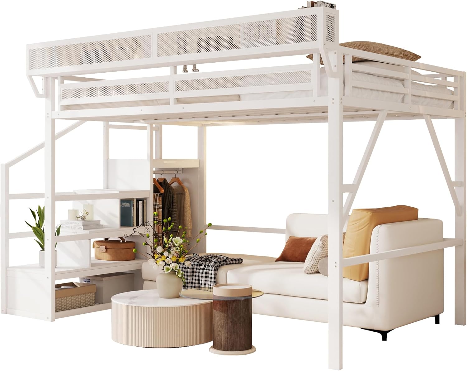 Queen Size Loft Bed with Stairs and Storage, Metal Loft Bed Frame with Bedside Shelf and Large Under-Bed Space, Heavy-Duty Loft Beds for Adults Teens and Kids, Convertible Staircase, White