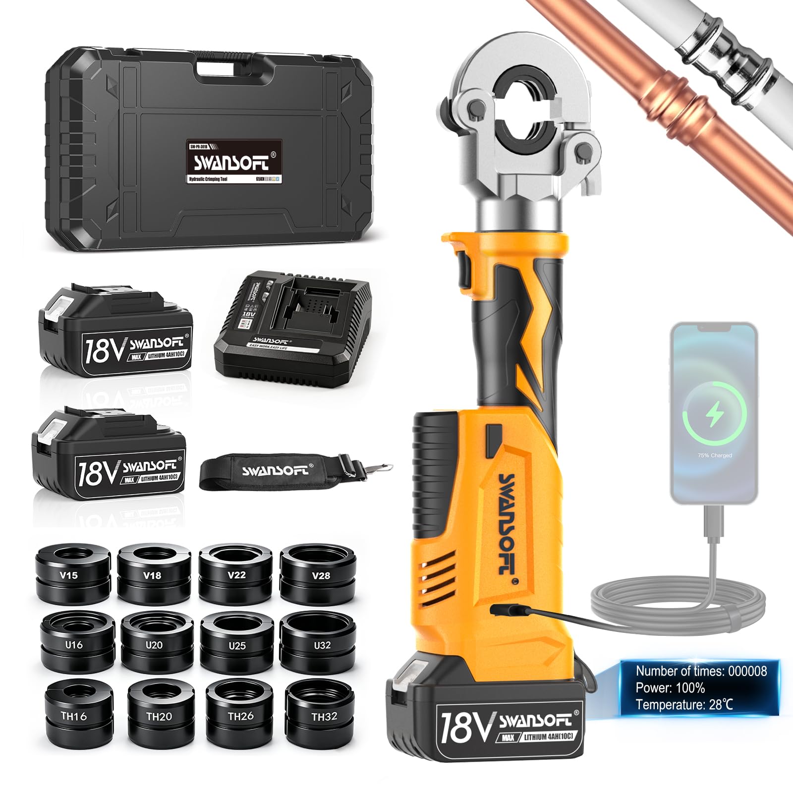 Elektryczno-hydrauliczne narzędzie do zaciskania rur SWANSOFT 18 V z konturem V/U/TH, zestaw narzędzi do zaciskania rur zasilany akumulatorem z 12 matrycami V15-18-22-28 U16-20-25-32 TH16-20-26-32 do