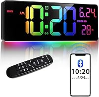 Xflyee 16" Bluetooth Digital Wall Clock - Auto Time Sync, 10 RGB Colors, Large 9.8" Display, Remote, Auto-Dimming, Night Lights for Bedroom Decor