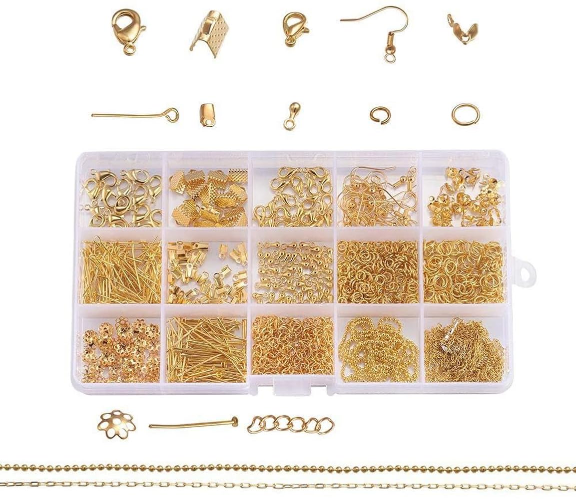 JAUNTY Golden Plated Jewellery Finding Material Mix Box, Eyepins, Headpins, Ear Hooks, Bead Caps, Jumprings, Clasps Chains and Cord End for Jewellery Making and Crafts Work