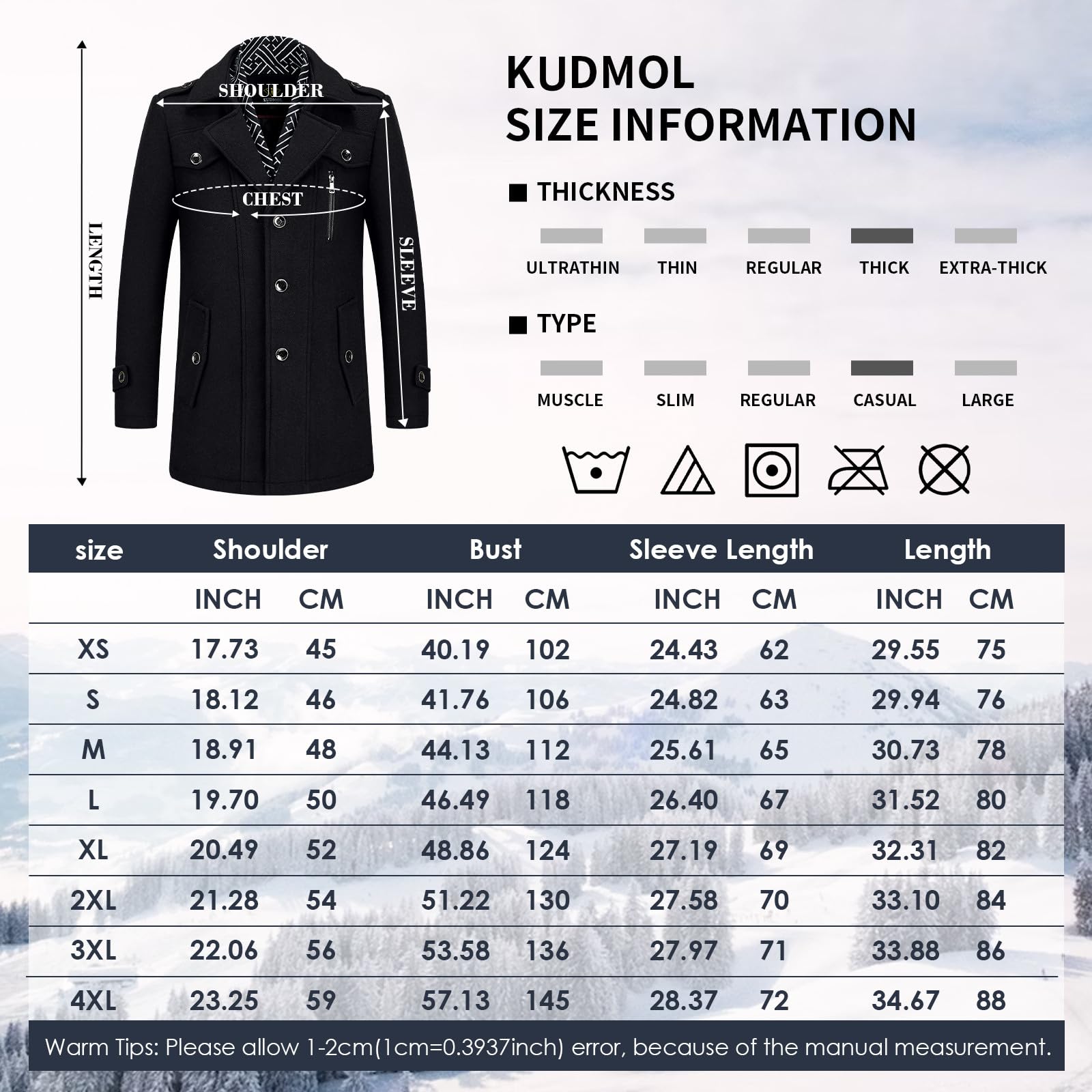 Manteau Homme en Laine Hiver Chaud Trench-Coat Homme Caban Pardessus Épais Business Slim Fit Overcoat