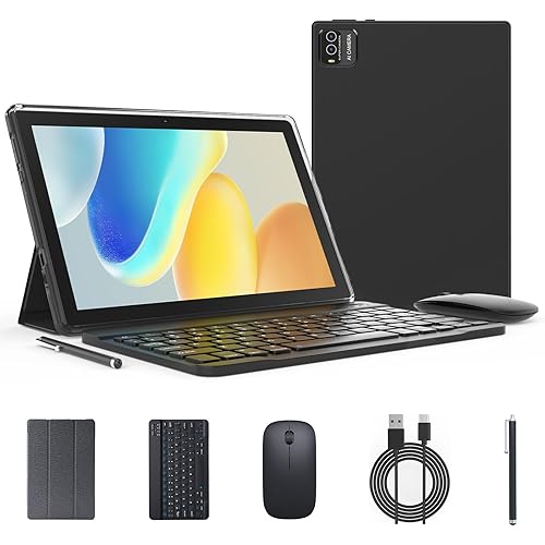 Andoird 14 Tablet 10 inch, 2 in 1 Tablets with Keyboard Case Stylus Mouse, 12GB RAM 64GB ROM 1TB Expand, Octa-Core 2.0Ghz, 5G WiFi, BT5.0, 6000mAh, 8MP Camera, 1280 x 800 HD Screen, Widevine L1, GMS