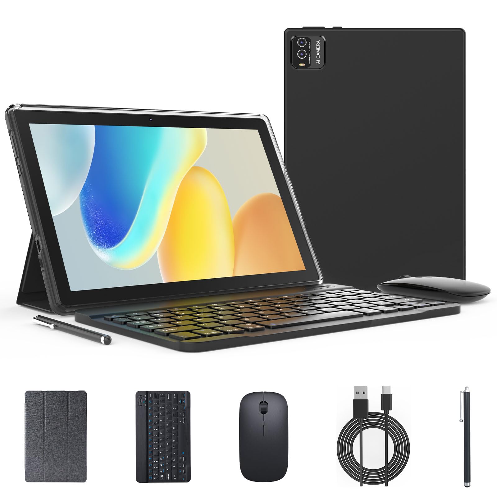 Andoird 14 Tablet de 10 pulgadas, 2 en 1 Tabletas con teclado, Funda Stylus, Mouse, 12 GB de RAM, 64 GB de ROM, 1 TB Expand, Octa-Core 2.0Ghz, 5G WiFi, BT5.0, 6000mAh, Cámara de 8MP, Pantalla HD de 1280 x 800, Widevine L1, GMS