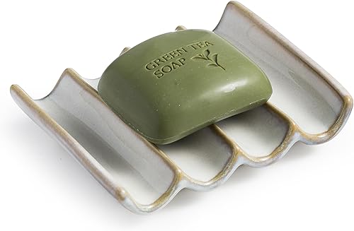 Miniatura 18 de Jabonera de cerámica drenante, diseño estriado, soporte para jabón de barra para ducha y baño, elevación de esponja ahorradora de jabón, color verde