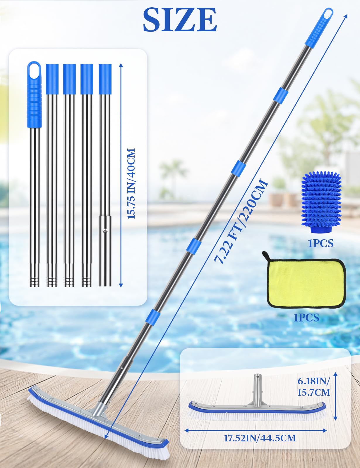 Brosse de piscine avec manche de 218,4 cm de long, brosse de nettoyage incurvée de 43,2 cm de large avec manche en acier inoxydable à 5 sections, gant de nettoyage et chiffon, accessoires de nettoyage