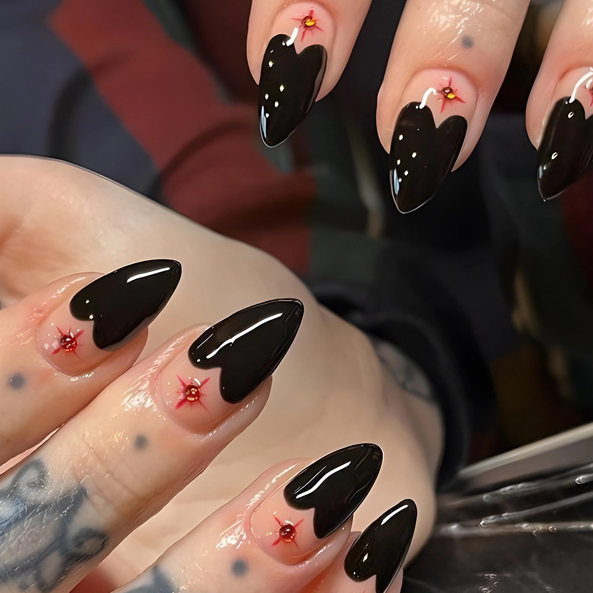 MERVF Medium Press on Nails Almond Fake Nails Black Heart French Tip Glue ons Red Star Stiletto Gothic Acrylic False Nail with Rhinestones Design