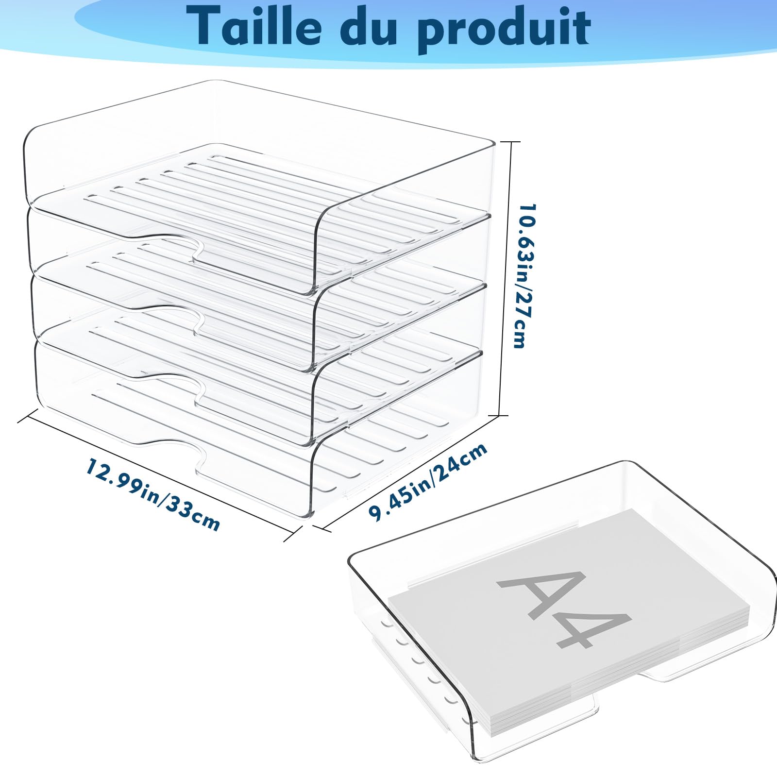 Lot de 4 corbeilles à courrier en Acrylique Transparent de qualité supérieure - Empilables - Compartiments de Rangement - Format A4