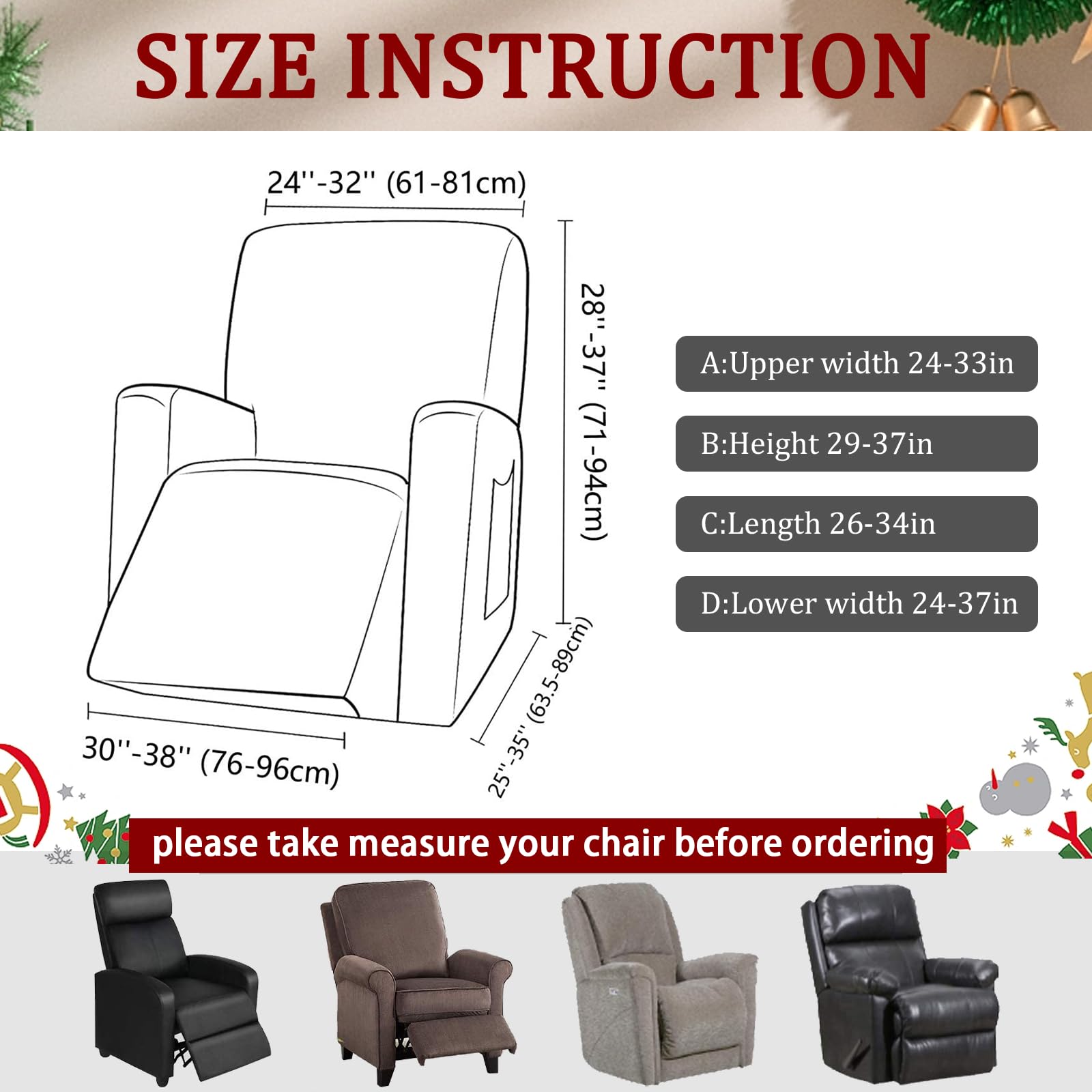 Jaotto Copripoltrona Relax Natalizia Reclinabile Fodere Copripoltrona 1 Posto per Natale Universale Copripoltrona Relax Reclinabile con Tasche Lavabile Xmas Coperture per Divano da Massaggio,Snow