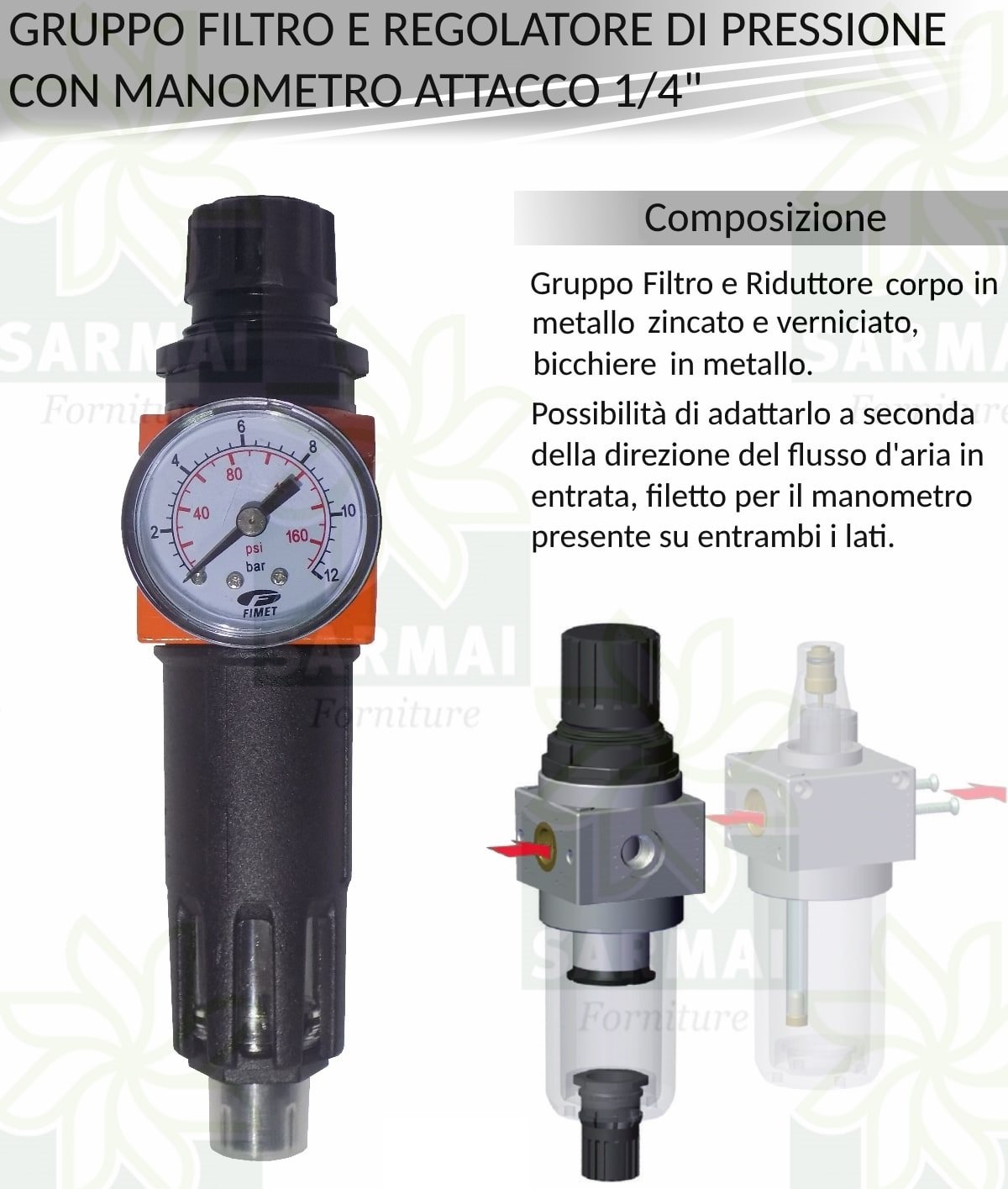 Filtro e Riduttore Regolatore Pressione 1/4 Aria Compressa Utensili Pneumatici