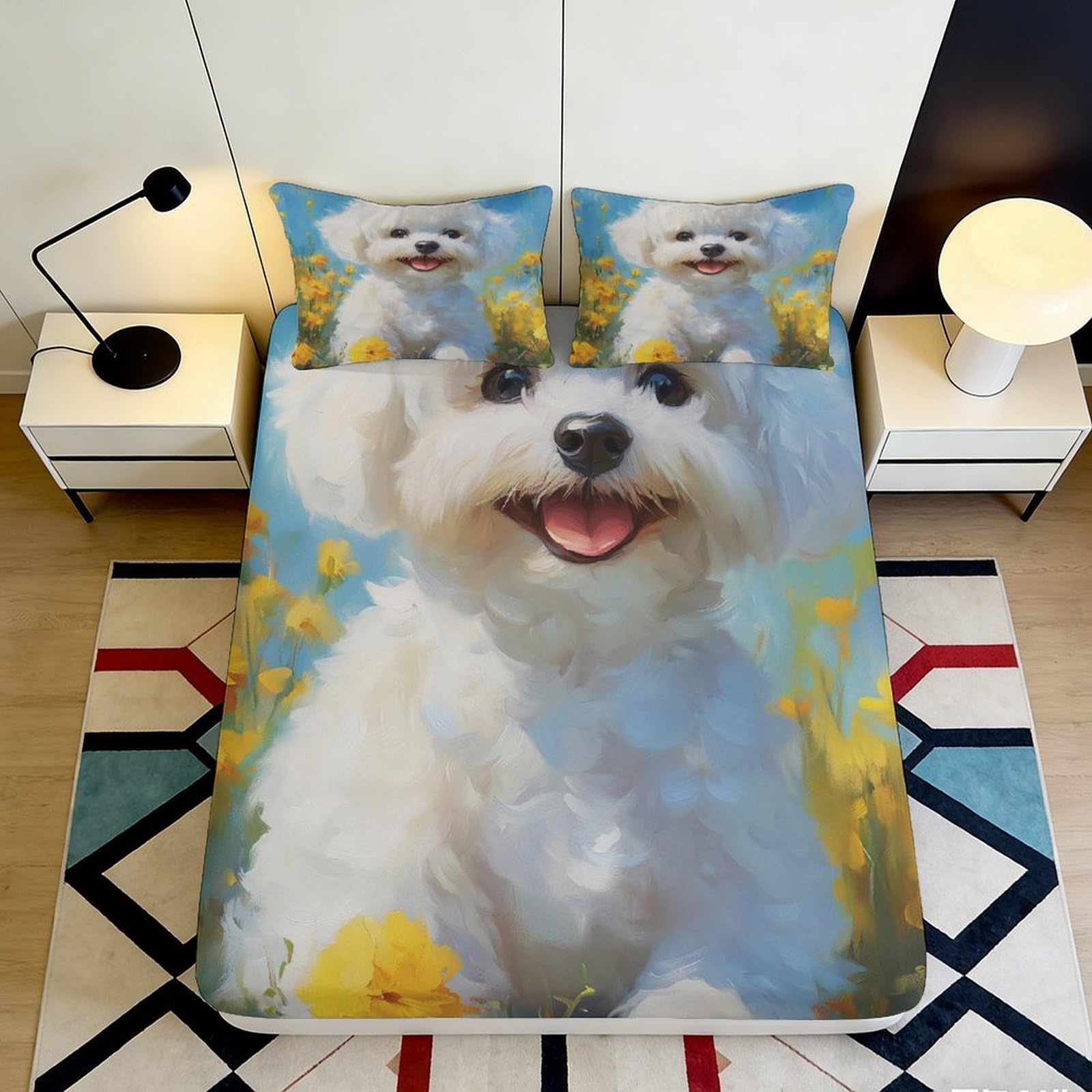 3D Printed Puppy Pattern Fitted Sheet Microfiber Deep Pocket Bedroom Bedding Set Puppy Mattress Fitted Cover Non-Slip Full Wrap 120x200x25cm