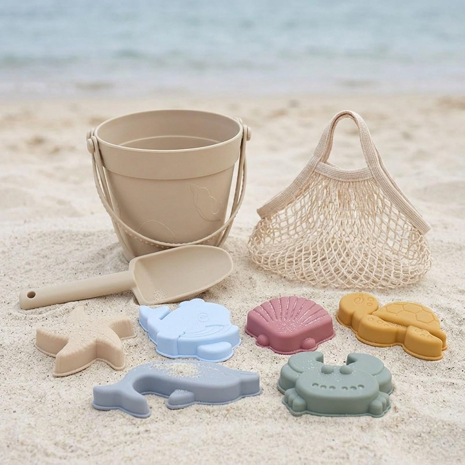 Set di Giochi Sensoriali da Spiaggia in Silicone, Sabbiera Portatile per Bambine, Giocattolo per Scavare, Beige Bianco