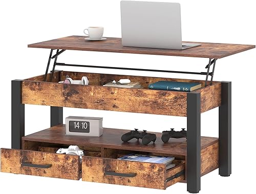 Tcpuolr Mesa de centro elevadora mesas de centro para sala de estar mesa de centro con almacenamiento mesa de café rústica con compartimento oculto