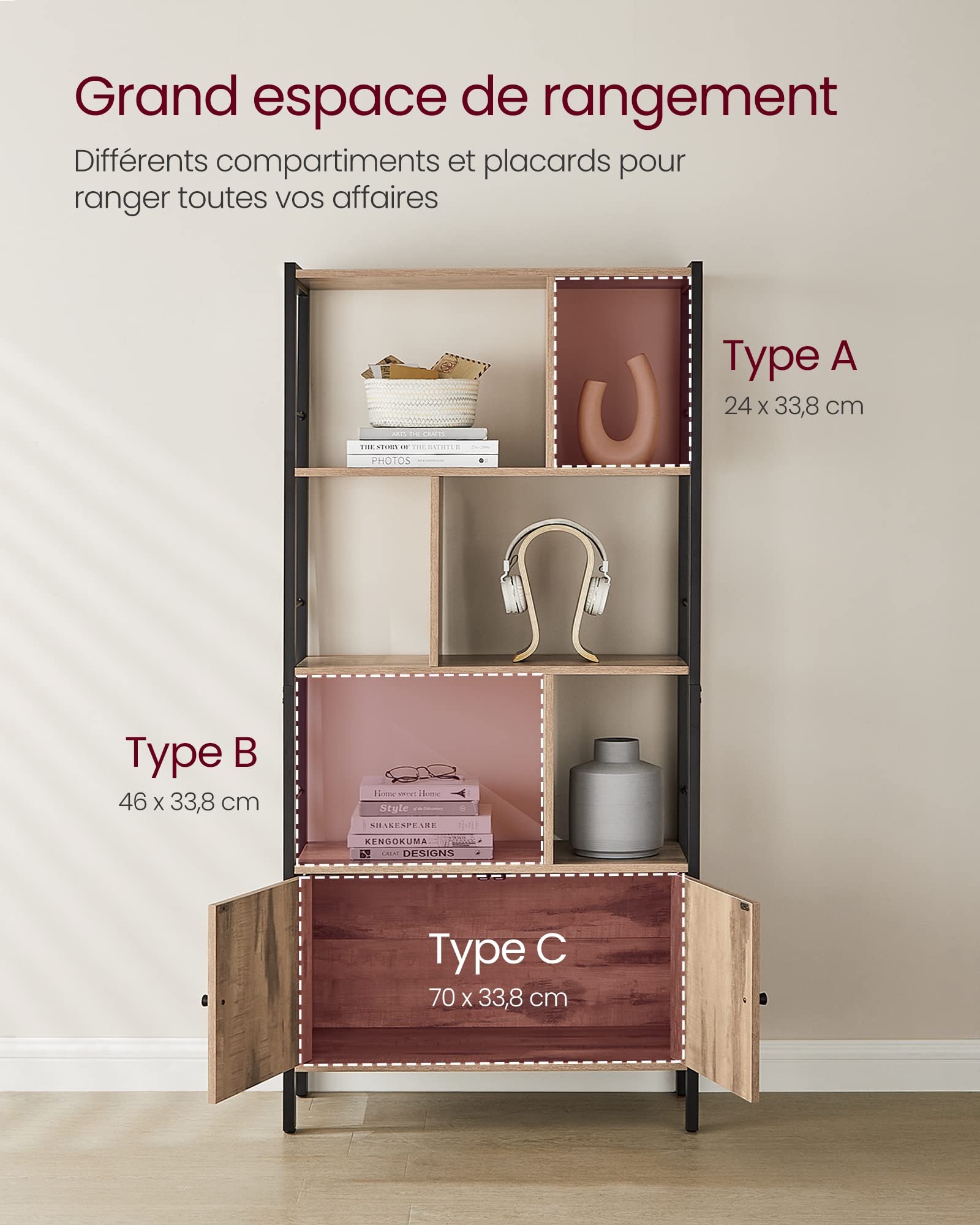 VASAGLE Étagère, Bibliothèque à 4 Niveaux, Meuble de Rangement, Placad, avec Portes, Grand, Cadre en Acier, pour Salon, Bureau, Chambre, Style Industriel, Marron Camel et Noir d'encre LBC022B50