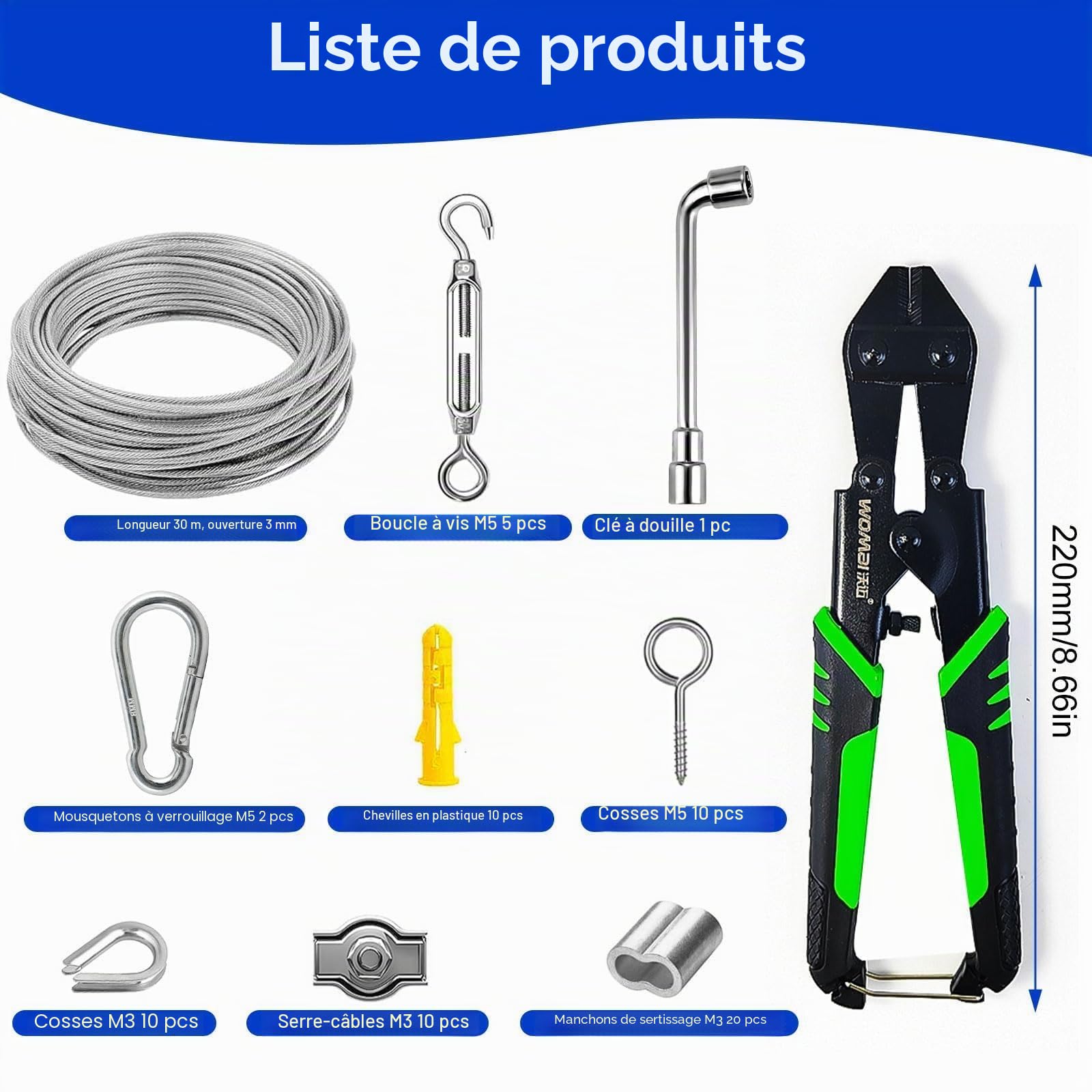 30 Mètres Câbles Inox en Acier 3mm Gainé, Cable Plante Grimpante Exterieur, pour Les Guirlandes Lumineuses, Les Cordes à Linge et Les Suspensions de Rideaux, Comprend un Jeu de Tendeurs de Câble