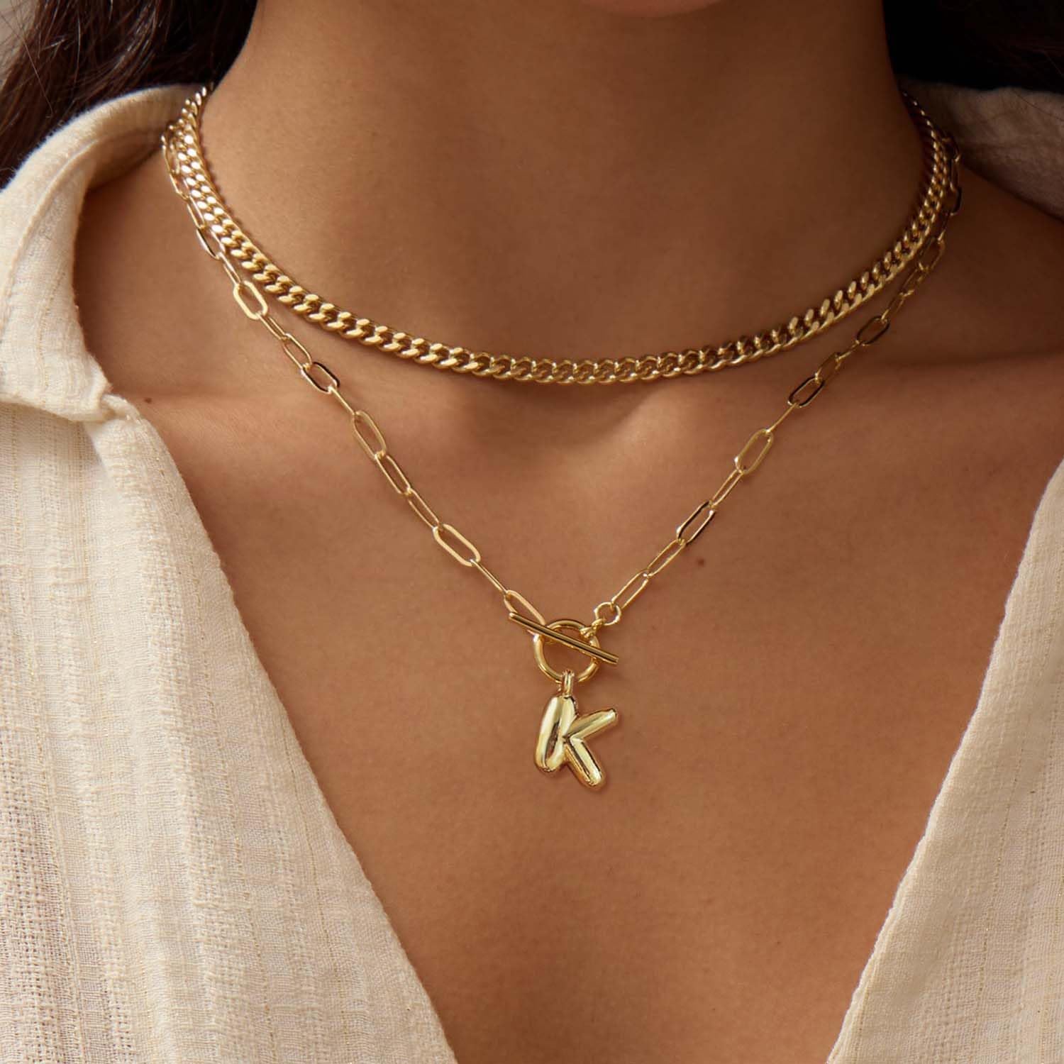 Bubble Gold Letter Necklace Layered Initial Necklaces for Women Dainty Cuban Chain Choker Necklace 14K Gold Plated Letter Necklace Personalized Name Necklace Cute Jewelry Gifts - Image 2