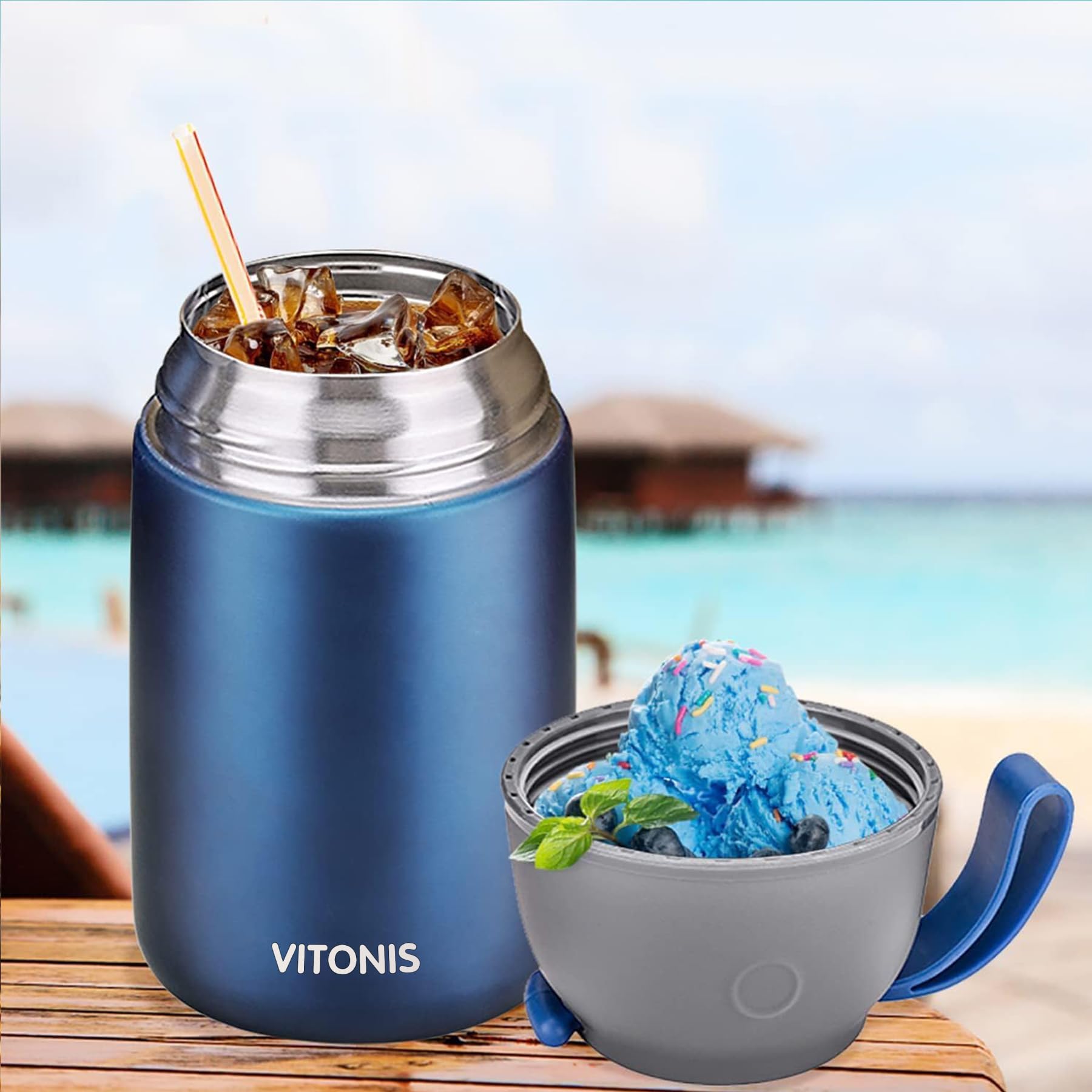 Recipiente térmico para alimentos, 500 ml y 700 ml, de acero inoxidable, con cuchara plegable, 2 recipientes aislantes, azul